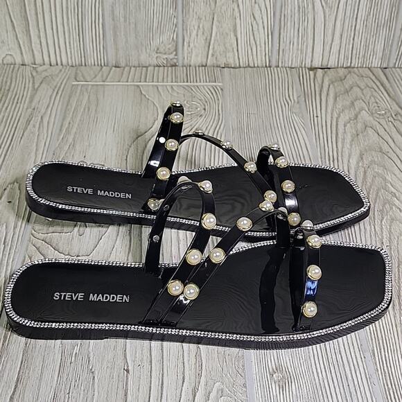 Steve Madden Nonii Black Pearl Embellished Studded Flat Sandals Womens 10 NEW - Picture 3 of 14